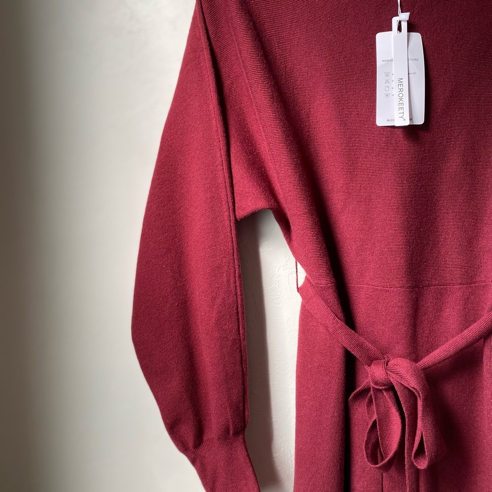 🎄NWT MEROKEETY Off Shoulder Ribbed Knit Sweater Dress Wine Red Fall Mini Dress M - Picture 4 of 8